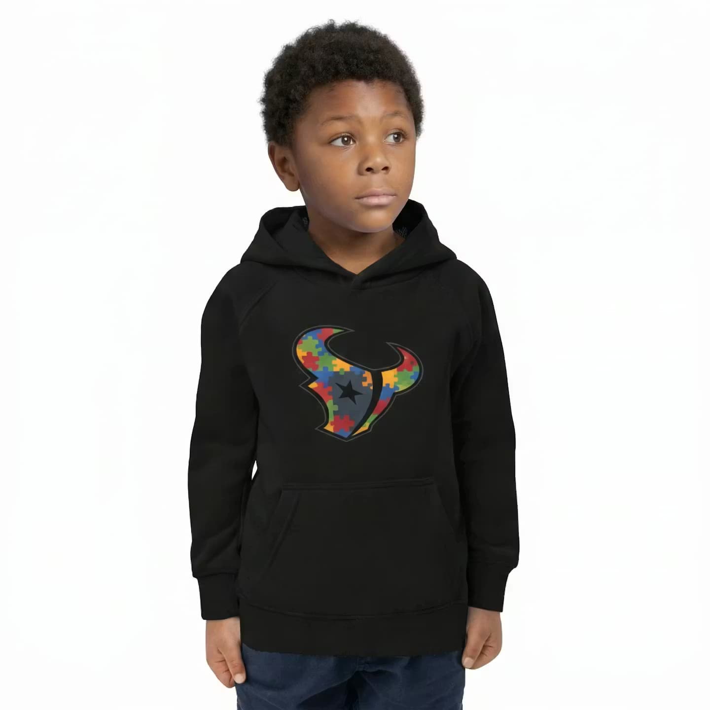 Pharaoh James wearing the Autism Texas print hoodie