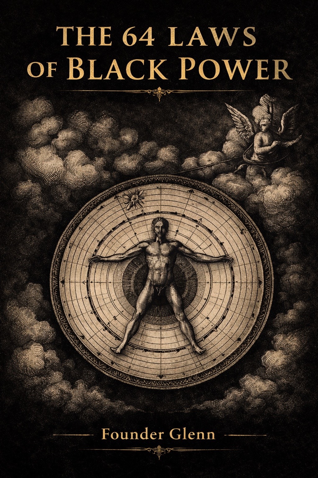 The 64 Laws of Black Power book cover by Founder Glenn featuring sacred geometry and classical Vitruvian-style illustration.